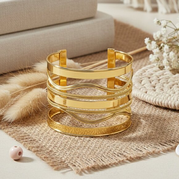 Bold & Modern Gold Plated Iron Trendy Fashion Wide Hollow Cuff Bracelet - Picture 5 of 10